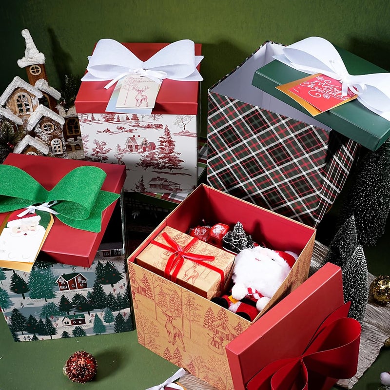 LaRibbons Large Christmas Gift Boxes with Lids, 10x10x10 Inches Rustic Red Winter Toile Theme with Deer Design Folding Square Gift Boxes for Christmas Decorative Xmas Present - Image 4